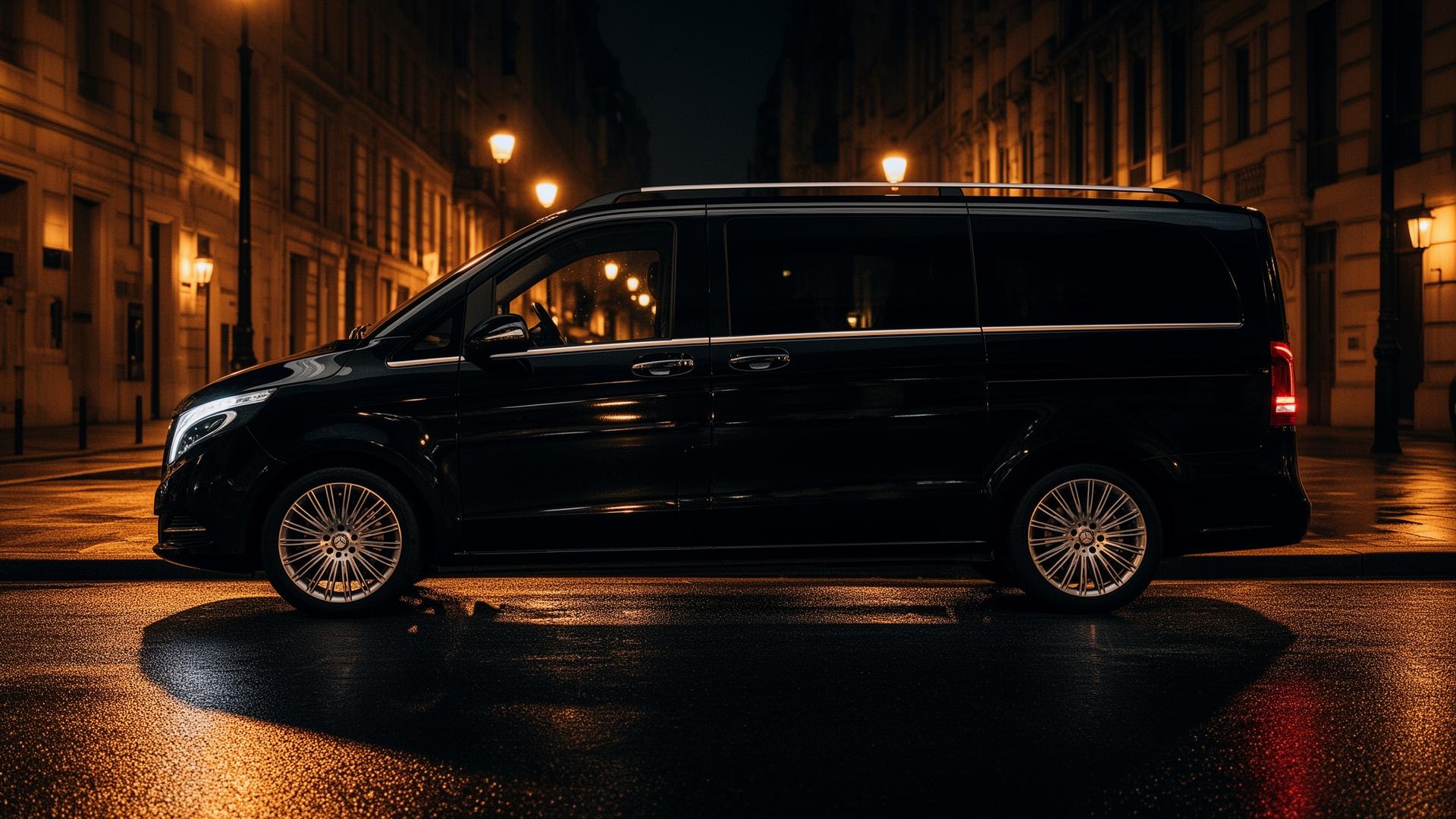 Black Mercedes-Benz V-Class on a wet city street at night
